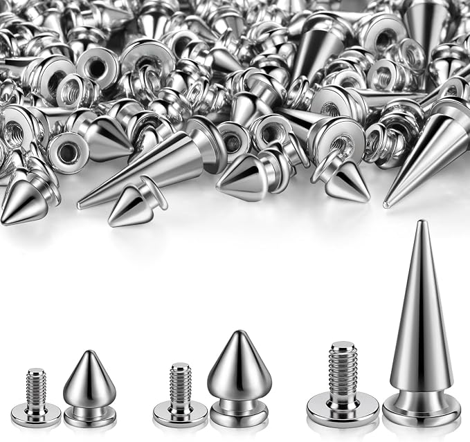 170 Pair Multiple Sizes Cone Spikes Screwback Studs for Clothing Large Medium Small Metal Tree Studs for Punk Rock Style Accessories DIY Leather Crafts Dog Collar(Silver)