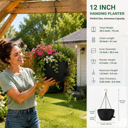 12" Self Watering Hanging Planters with Chains, Black, 2 Pack | 43 Oz removable self-watering reservoir, for indoor/outdoor plants, patio & garden