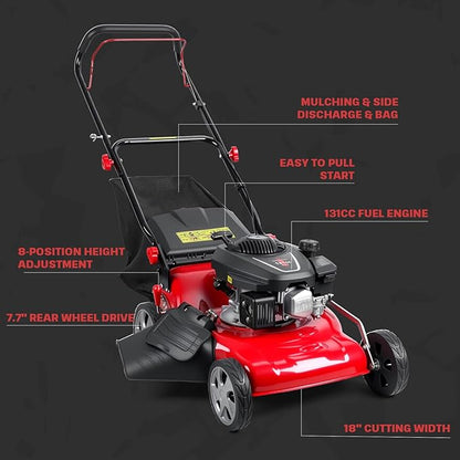 Lawn Mower Gas Powered, Gas Mower with 50l Grass Bag Big Wheels, 131cc Gas Engine 3 in 1 Mulching, Bagging & Side Discharge Self Propelled Walk-Behind Push Mower for Hills 2850RPM (Red)
