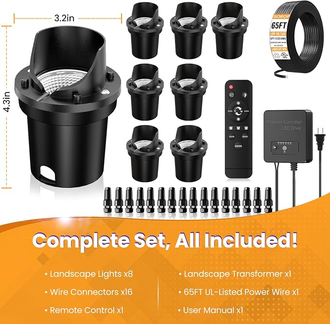Low Voltage Landscape Lighting Kit, Well Lights with 144W Transformer & Wires, 5CCT In-ground Lights IP67 Waterproof 12-24V AC/DC Outdoor Path Lights for Garden Yard, 8 Pack