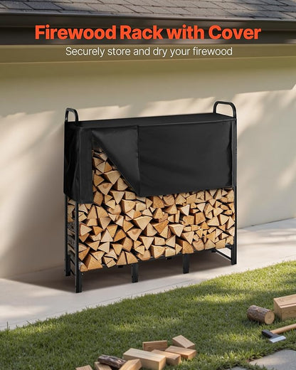 VEVOR Firewood Rack with Waterproof Cover, 4 ft Outdoor Firewood Holder, 1/4 Cord Storage Metal Log Holder, 400lb Max Weight Capacity, Top Covered, Powder-Coated Wood Storage Rack for Fireplace Deck