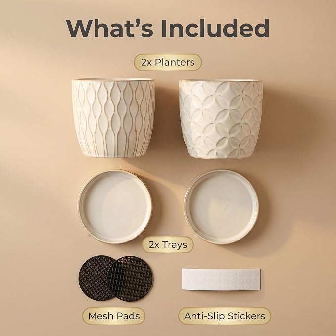 Nihow Ceramic Plant Pots with Drainage Hole & Saucer, 4.75 Inch, White-1 | Small,Embossed Design, For Succulent, Cactus, Little Snake, Indoor Plants