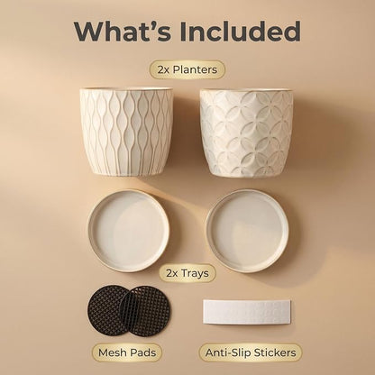 Nihow Ceramic Plant Pots with Drainage Hole & Saucer, 4.75 Inch, White-1 | Small,Embossed Design, For Succulent, Cactus, Little Snake, Indoor Plants