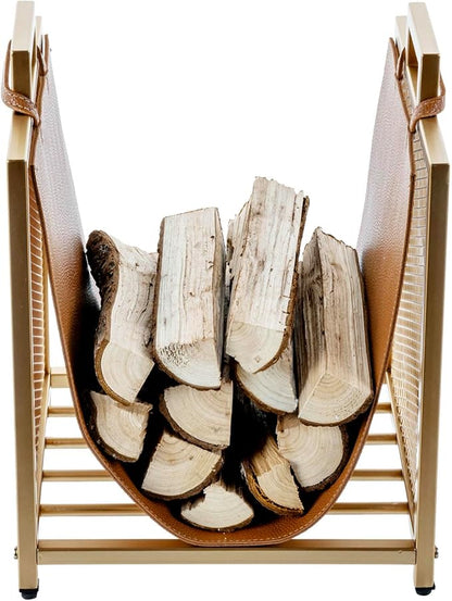 MyGift Modern Gold Tone Metal Firewood Stand with Brown Leatherette Wood Holder Sling, Wire Mesh Design and Top Carrying Handles, Compact Log Splits Kindling Storage Rack