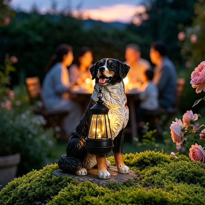 Afirst Dog Garden Statue - Outdoor Decor with Solar Lantern Valentine's Day Gift Lovely Bernese Mountain Dog Figurine Patio Lawn Yard Art Ornaments Housewarming Gift