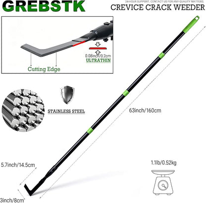GREBSTK Crack Weeder Crevice Weeding Stainless Steel Tool Adjustable, 63 in | Adjustable 21-63in, Rust-Resistant L-Shaped Blade, Comfortable Handle, for Patio Cracks, Driveway Gaps, Walkway Edging