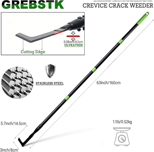 GREBSTK Crack Weeder Crevice Weeding Stainless Steel Tool Adjustable, 63 in | Adjustable 21-63in, Rust-Resistant L-Shaped Blade, Comfortable Handle, for Patio Cracks, Driveway Gaps, Walkway Edging