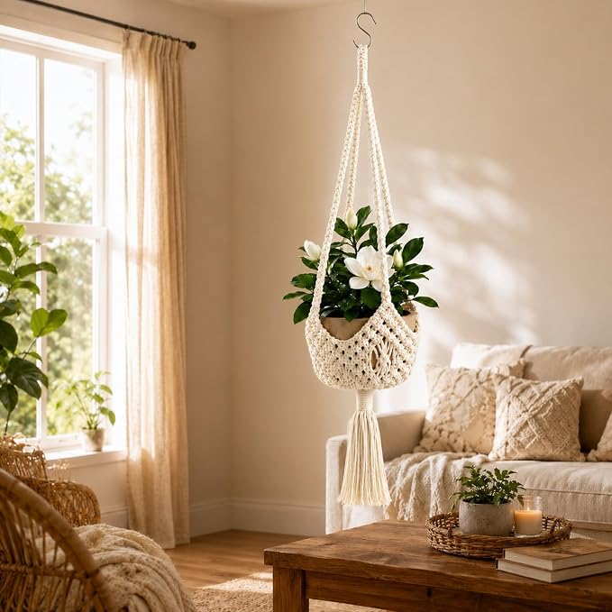 Shappy 1 Pack Boho Macrame Plant Hanger, Large Hanging Planter Plant Holder Pot Hanger Hanging Basket Wall Planters, Plants Lover Gift for Indoor Garden (Spiral Knot,White)