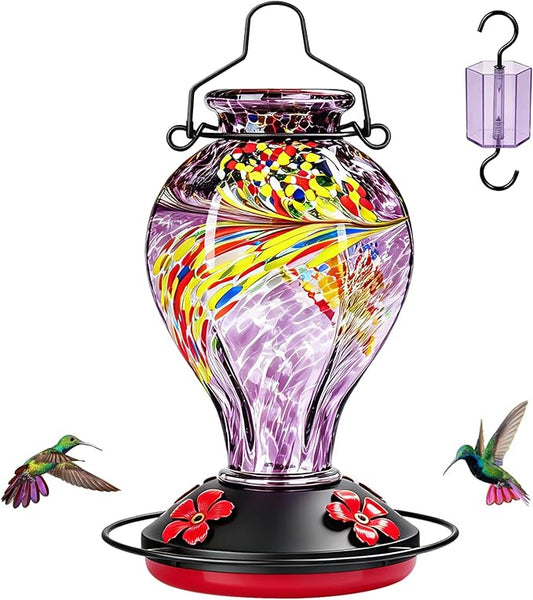 Hand Blown Glass Hummingbird Feeders for Outdoors Hanging, 24oz Wild Bird Nectar Feeder with Ant Moat and Perch, Bee-Resistant Ports, Garden Decor, Gifts for Women Mom, 1 Pack, Purple Phoenix