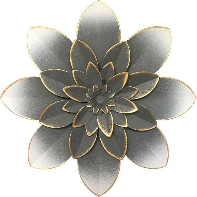 Metal Flower Wall Art Decor, 9.5" Grey Gold Rustic Modern Floral Sculpture | Distressed Iron Wall Hanging Home Decoration Accent for Indoor Kitchen Bedroom Living Room Office Outdoor Garden Patio