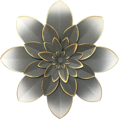 Metal Flower Wall Art Decor, 9.5" Grey Gold Rustic Modern Floral Sculpture | Distressed Iron Wall Hanging Home Decoration Accent for Indoor Kitchen Bedroom Living Room Office Outdoor Garden Patio