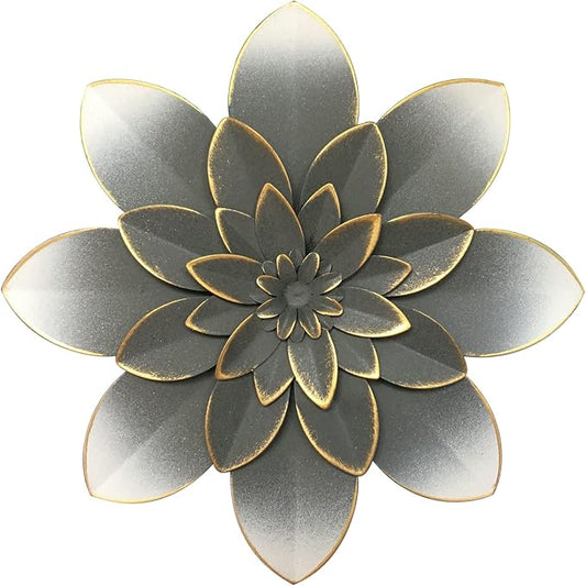 Metal Flower Wall Art Decor, 9.5" Grey Gold Rustic Modern Floral Sculpture | Distressed Iron Wall Hanging Home Decoration Accent for Indoor Kitchen Bedroom Living Room Office Outdoor Garden Patio