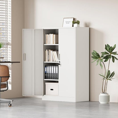 Metal Storage Cabinet with Locking Doors and 3 Adjustable Shelves, Lockable Storage Cabinets for Home Office Garage Kitchen Pantry (White)