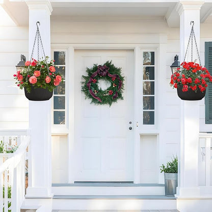 12 Inch Large Hanging Pots for Indoor Outdoor Plants Set of 2 | Self-Watering Hanging Planters with Internal Saucers, Drainage Holes & Plugs (Hooks)