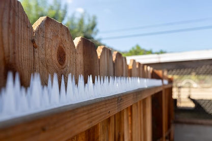 BUGGOFF - White Bird & Rodent Spikes, Unique Spike Pattern effecitviely deteres Pesky Pigeons, Squirrels, Raccoons. Installs on Fences, Gates, Roofs, Walls and More! (62 Feet, White Plastic)