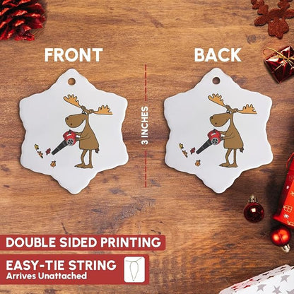 3dRose ORN_263877_1 Funny Cute Moose Using Leaf Blower Yard Work Cartoon Snowflake Ornament, 3"