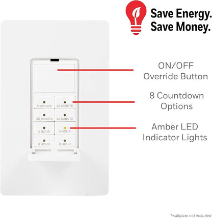UltraPro Wall Push Timer, 8 Easy-to-Use Preset, Countdown Options, Manual ON/Off Buttons overrides, Indoor or Outdoor Lighting – 40989, 1 Pack, White