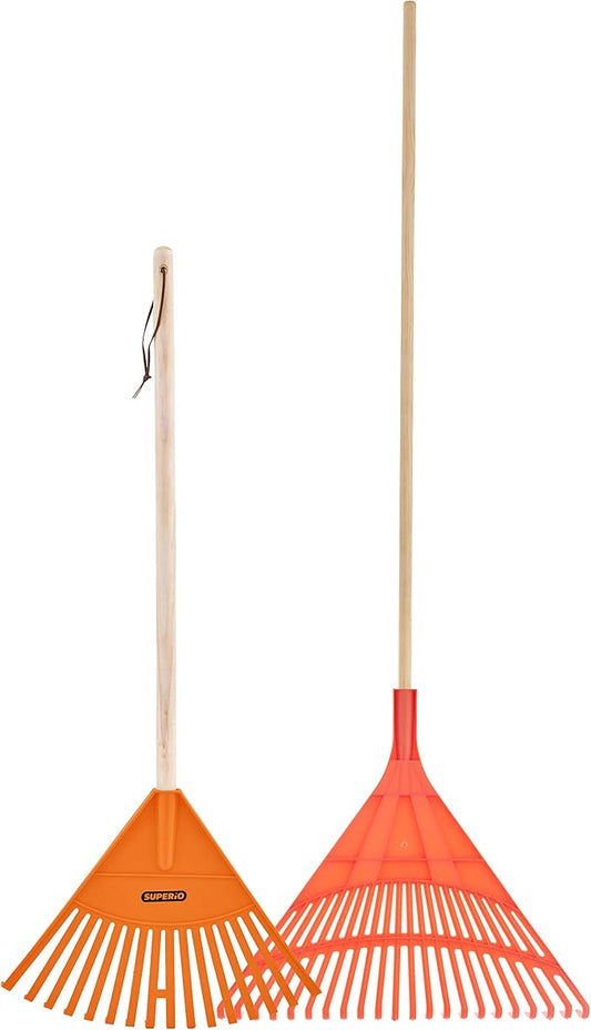 Superio Kids & Adult Rakes with Hardwood Handle, Durable Plastic Head to Sweep Leaves in Lawn and Tidying Up The Garden, Kids Size 34" Adult Size 61"