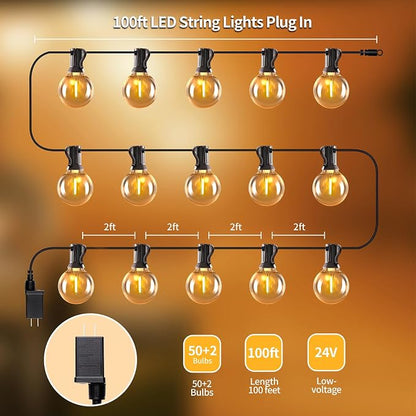 SANBEN Outdoor String Lights-100ft 50+2 G40 Bulbs Patio Lights with Remote | Dimmable & Timer, IP65 Waterproof & Shatterproof, 24V Low-Voltage LED Lights for Outside Deck Garden Backyard Porch Party