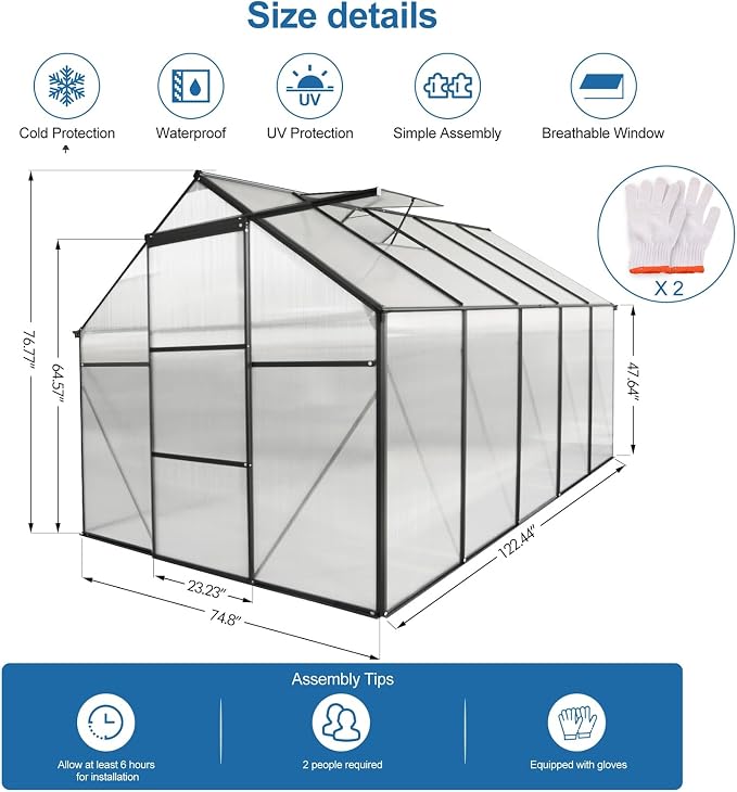 6x10 FT Greenhouse, Walk-in Polycarbonate Greenhouses with Sliding Doors, Aluminum Frame, Adjustable Roof Vent, Raised Base & Anchor, Outdoor Backyard Greenhouse for All Seasons, Black