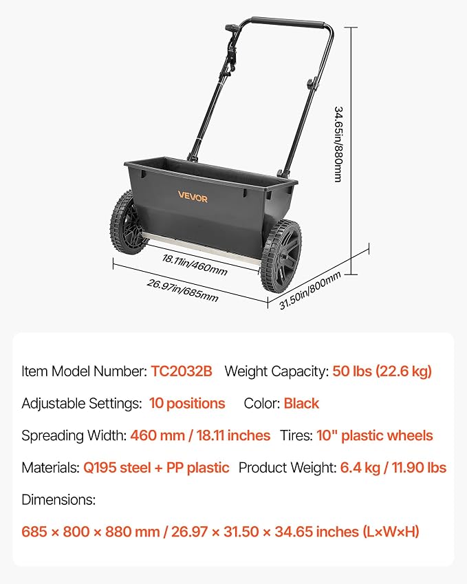 VEVOR Broadcast Spreader, 50LBS Capacity, Drop Spreader with Hopper Grate, 18 in Spreading Width & 30 Settings, 10 in All Terrain Tires, Garden & Lawn Spreaders for Seed, Fertilizer