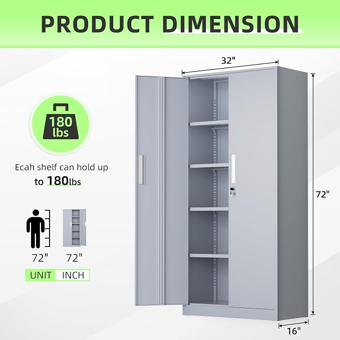 INTERGREAT Metal Storage Cabinet, 72" Locking Steel Cabinets with 2 Door and 4 Adjustable Shelves, Tall Metal Cabinet for Home Office, Garage, Warehouse,(Cement)