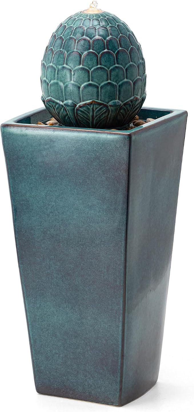 Glitzhome 35.75" H Tall Ceramic Outdoor Water Fountain with LED Light Oversized Artichoke Pedestal Fountains with Submersible Pump Patio Fountain Waterfall for Garden Patio Deck Porch, Turquoise