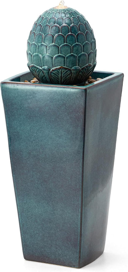 Glitzhome 35.75" H Tall Ceramic Outdoor Water Fountain with LED Light Oversized Artichoke Pedestal Fountains with Submersible Pump Patio Fountain Waterfall for Garden Patio Deck Porch, Turquoise