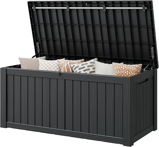 Outdoor Storage Box, 150 Gallon Resin Deck Boxes Outdoor Waterproof For Patio Furniture, Garden Tools, Pool Supplies, Lockable And UV Resistant (Striped Black)
