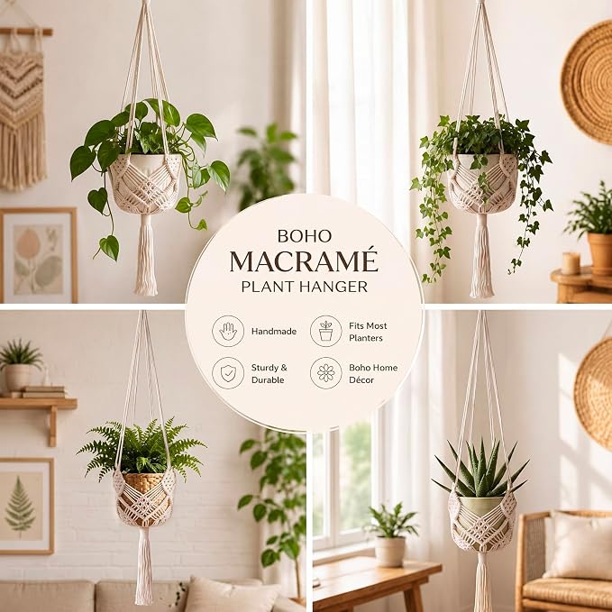 Shappy 1 Pack Boho Macrame Plant Hanger, Large Hanging Planter Plant Holder Pot Hanger Hanging Basket Wall Planters, Plants Lover Gift for Indoor Garden (Diamond Knot Macrame,White)
