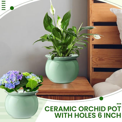 Suclain 2 Pcs African Violet Pots, 6.5 Inch Self Watering Pots for Indoor Flowers and Plants Ceramic Easy Self Watering Plant Pot with Highly Absorbent Inner Planter Pot for Tropical Plants(Green)