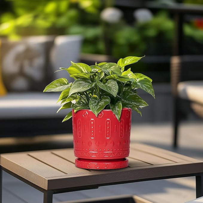 Eightpot 6 Inch Plant Pot, Ceramic Flower Pots for Indoor Outdoor Plants, Round Pots for Plants with Drainage Hole and Tray, Boho Decorative Planter, Kitchen Decor, Gardening Gifts for Women, Red