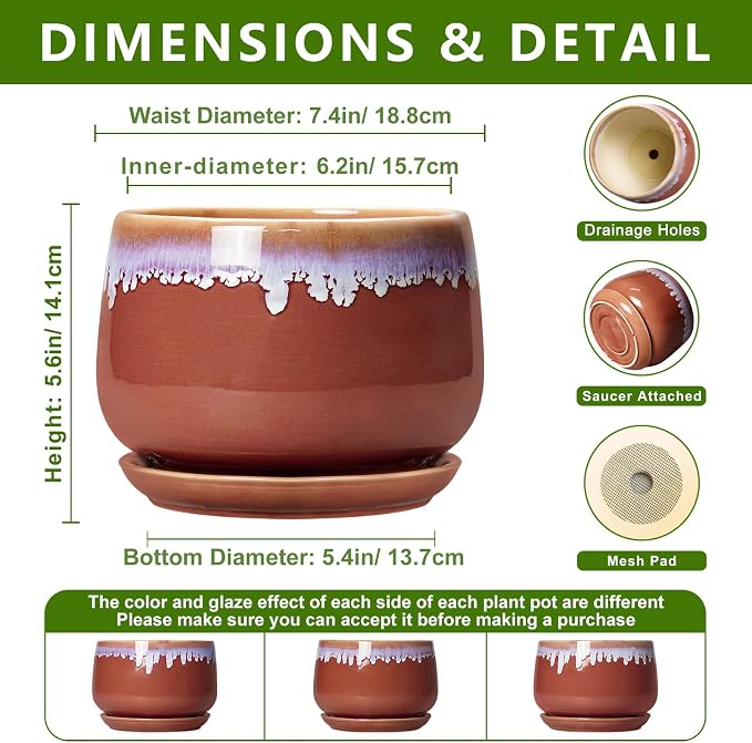 Ceramic Pots for Plants 7 Inch - Ceramic Planters for Indoor Plants, Indoor Plant Pots with Drainage and Saucer, Decorative Round Flower Pot, Garden House Room Decor, Plant Gifts, Red-Purple
