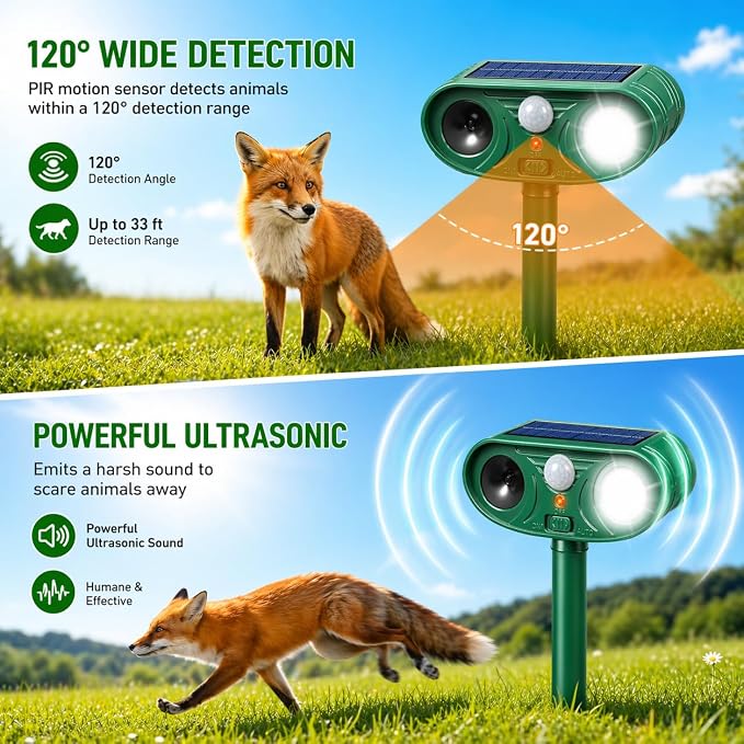 Solar Ultrasonic Animal Repellent 2 Pack,Motion Activated Deterrent for Deer, Cat, Squirrel, Raccoon, Rabbit & Bird, Waterproof Outdoor Animal Repeller with LED Strobe for Yard, Garden & Orchard