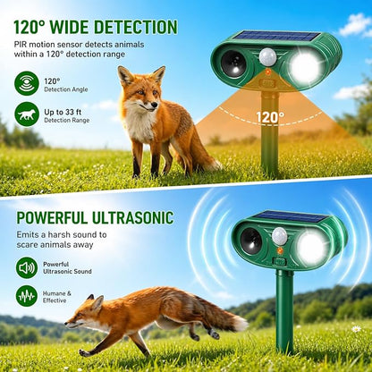 Solar Ultrasonic Animal Repellent Activated Deterrent for Deer | Cat, Squirrel, Raccoon, Rabbit & Bird, Waterproof Outdoor Animal Repeller with LED Strobe for Yard, Garden & Orchard
