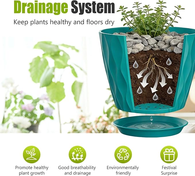 8 Inch Plastic Plant Pots,Set of 5 Flower Pots,Planters with Drainage Holes & Saucers, Indoor Outdoor Garden Pots for Home Decor(Blue-Green)