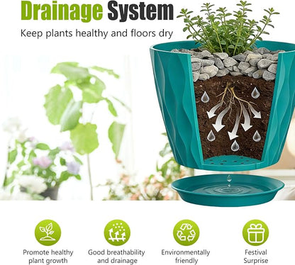 8 Inch Plastic Plant Pots,Set of 5 Flower Pots,Planters with Drainage Holes & Saucers, Indoor Outdoor Garden Pots for Home Decor(Blue-Green)
