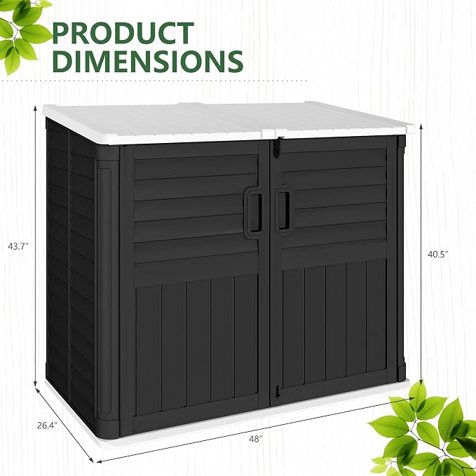 Greesum Outdoor Trash Can Storage Shed, 34 Cu.ft Waterproof Horizontal Storage Shed, Portable Horizontal Resin Storage Shed for Garden, Backyard, Patio, Dark Black