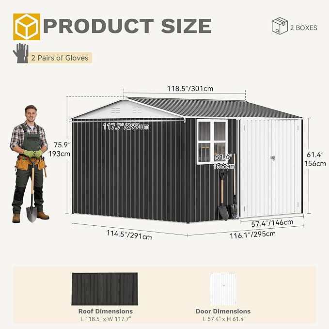 DWVO 10x10ft Large Tool Storage Shed with Window, Lockable Doors, and Sloped Roof, Oversized Steel Outdoor Storage Shed for Garden, Patio, Garage, Backyard, Lawn(Gray + White)
