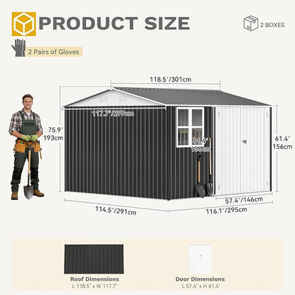 DWVO 10x10ft Large Tool Storage Shed with Window, Lockable Doors, and Sloped Roof, Oversized Steel Outdoor Storage Shed for Garden, Patio, Garage, Backyard, Lawn(Gray + White)