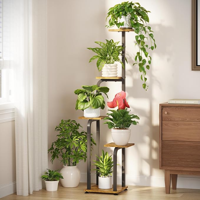 LASZOLA 5 Tiered Plant Stand Tall for Indoor Corner, Modern Multiple Flower Display Rack with Wooden Tray, Vertical Planter Shelf for Living Room Bedroom Patio Garden Balcony, Black Brown