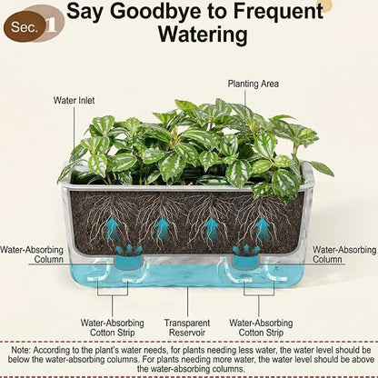 3 Pack Self Watering Rectangular Plant Pots, 11" x 5"x 5" Plant Containers with Drainage Holes, Rectangle Houseplant Window Planters for Succulents, Flowers,Herbs,Vegetables (Off-White)