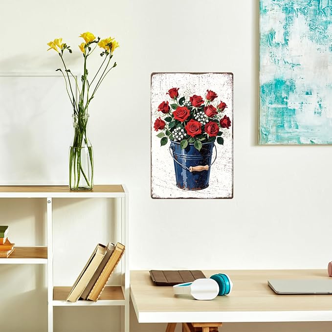 Red Rose Bouquet Metal Tin, Garden Sign | Vintage Garden Wall Art for Home Porch Garden Yard Indoor Outdoor Wall Decor,Gardening Gifts for Red Rose Lovers