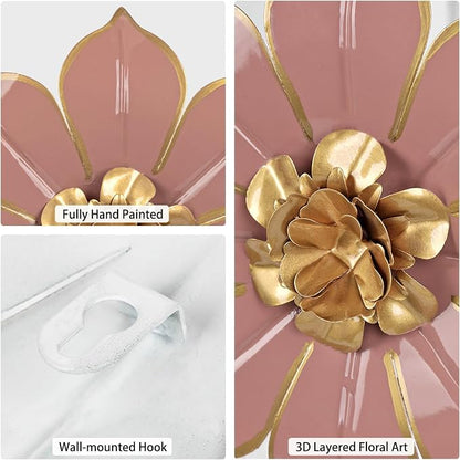 10" Metal Flowers Wall Decor, Pink & Gold 3D Floral Metal Wall Art Decor for Inoor & Outdoor Use, Vintage & Modern Walls Arts for Bathroom, Living Room, Bedroom, Office, Garden, Patio, Porch, 1 Piece