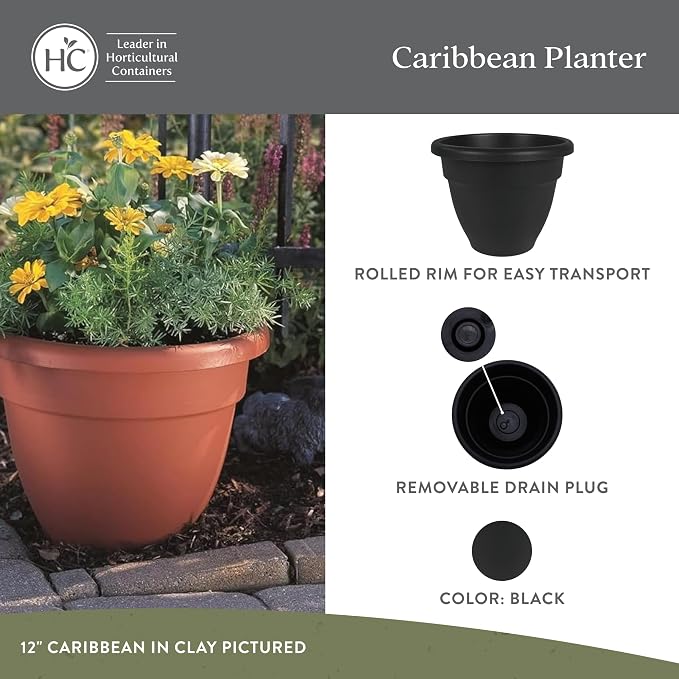 The HC Companies 16 Inch Caribbean Planter Pots with Drainage & Plug, Rolled Rim Plastic Planters for Indoor & Outdoor Plants, 2-Pack Decorative Flower Pots for Garden, Office & Home Decor, Black