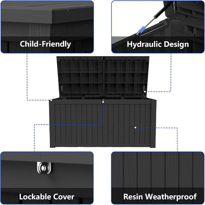 180 Gallon Outdoor Storage Box Resin Deck Box All Weather Waterproof Large Lockable Storage Container Deck Box for Patio Furniture, Garden Tools, Lockable, Black