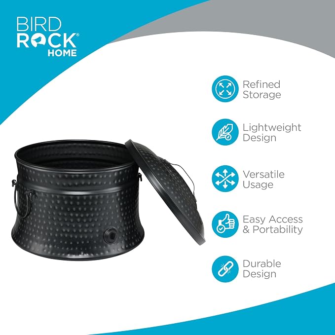 BIRDROCK HOME Decorative Water Hose Holder Pot with Lid | Holds 200ft Hose | Hammered Charcoal Exterior | Ground Garden Hose Box | Handles | Metal Hider | Outdoor or Indoor Use