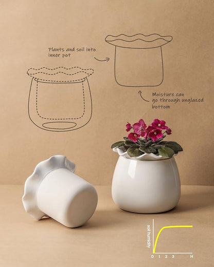 Fayoula Self Watering Plant Pot, 6 Inch African Violet Pots Maintenance, Ceramic Self-Watering Planter for Indoor Plants - Ideal Flower Pot for Thriving Indoor Gardens, White