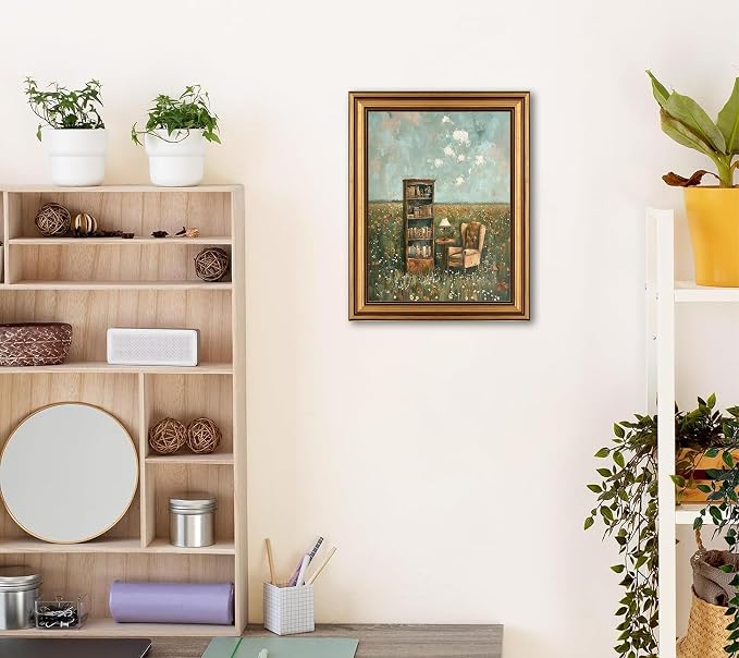 Gold Framed Vintage Book Nook Canvas Wall Art for Library Reading Room,Whimsical Bookshelf Print Pictures, Book Lover Wall Decor 12"x16"