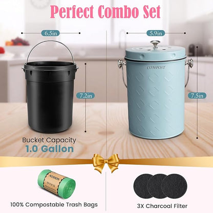 AOSION Countertop Compost Bin Kitchen,Odorless Indoor Compost Bin with Lid | 1 Gallon Composter Container,Removable Inner Bucket,50 Compost Bags,2 Carbon Filters,ideal for food scraps,coffee grounds